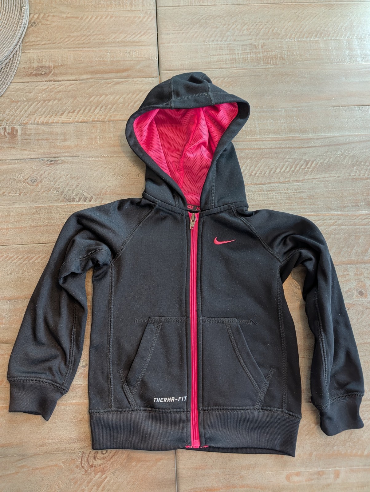 Nike Therma-Fit Girls Full Zip Hoodie Black Pink Fleece Logo Long Sleeve 4T