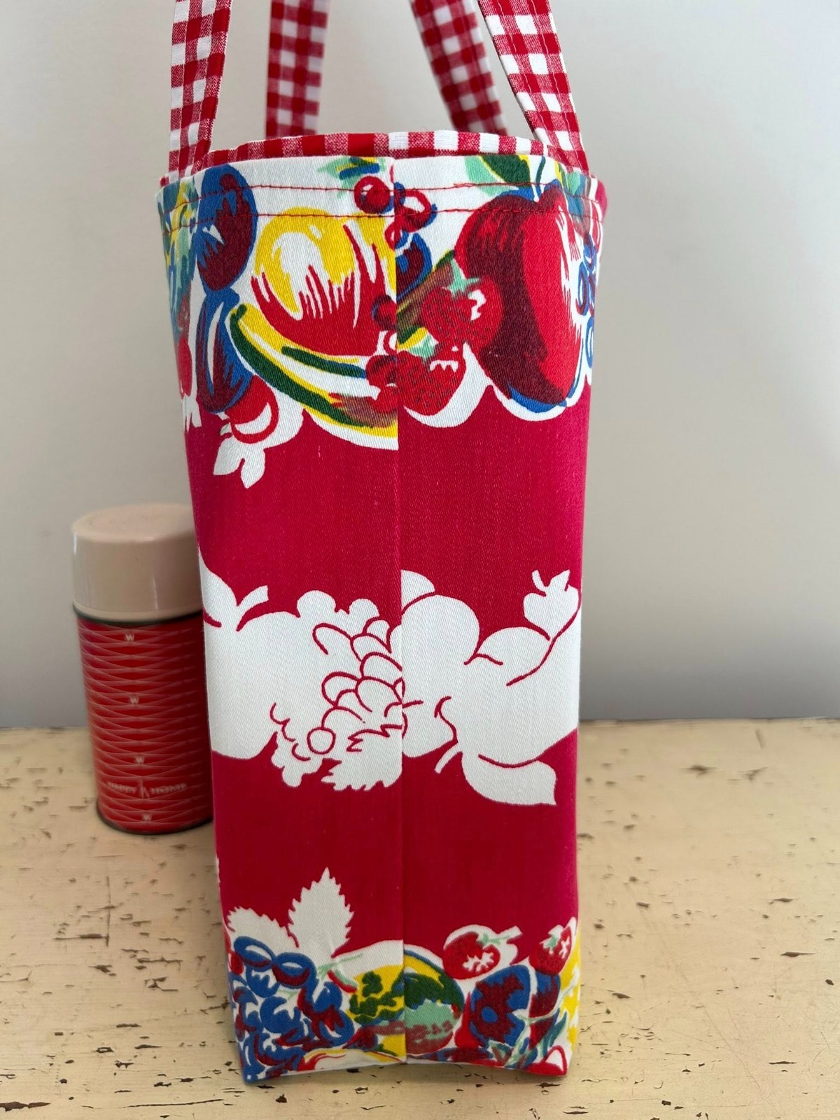 NEW Vintage Kitchen Fruit Red Gingham Tablecloth Tote Market Reusable Bag Gift 