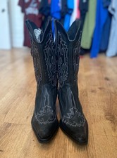 Womens Black Leather Silver Stitching Cowboy Boots UK size 6