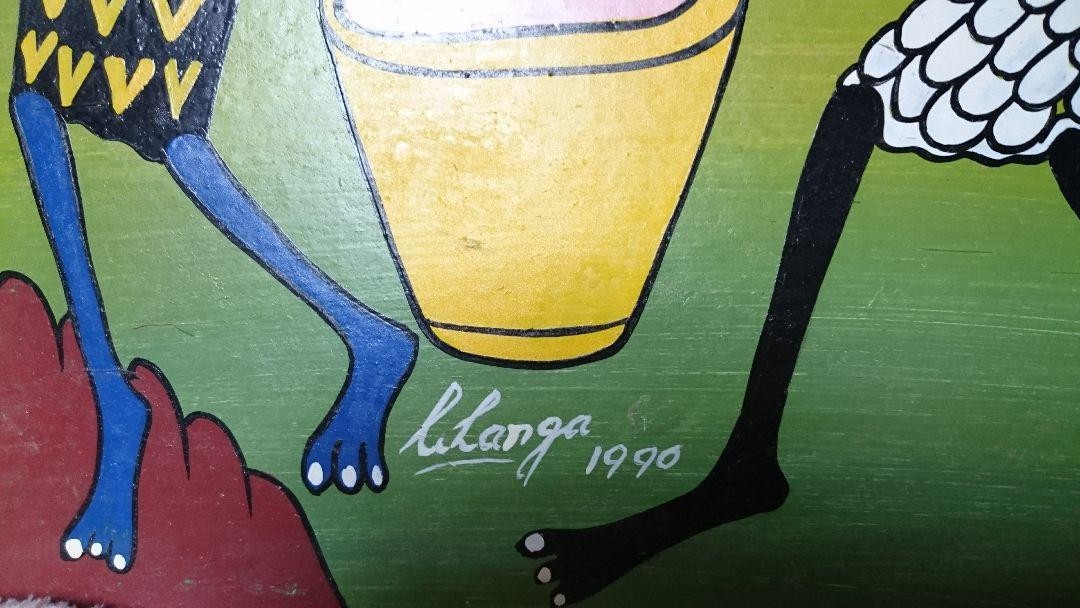 George Lilanga Original Enamel Painting on Board Signed 1990