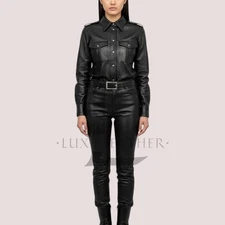 Women Genuine Leather Top and Pants Set | Black High Waist Leather Pant