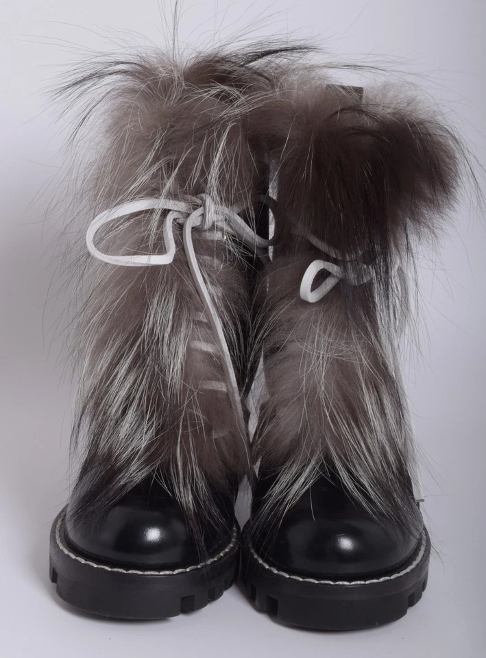 Louis Vuitton Women Black Ankle Boots Leather Fur Lace Up Heel Booties Sz EUR 37 - Image 3 of 4