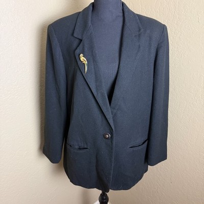 Sag Harbor Petite Women s Blazer 14 Black Wool Lined Jacket Parrot Brooch