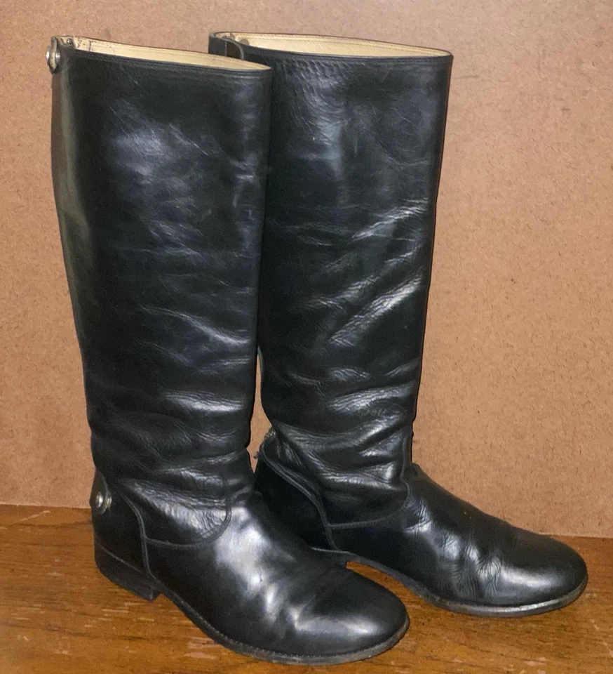 Botas de montar Frye Melissa para mujer talla 6B de cuero negro con botones hasta la rodilla Foto 3 de 4