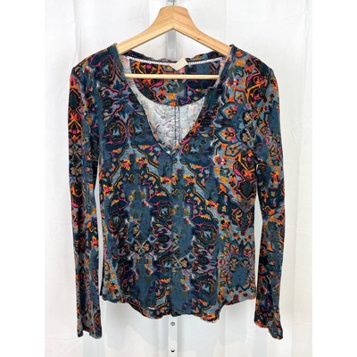 PILCRO Anthropologie Printed Split Neck Top Thermal Blue Multicolor Size