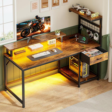 48" Computer Desk with Power Outlets  LED Lights, Gaming Desk with Drawer  Sto