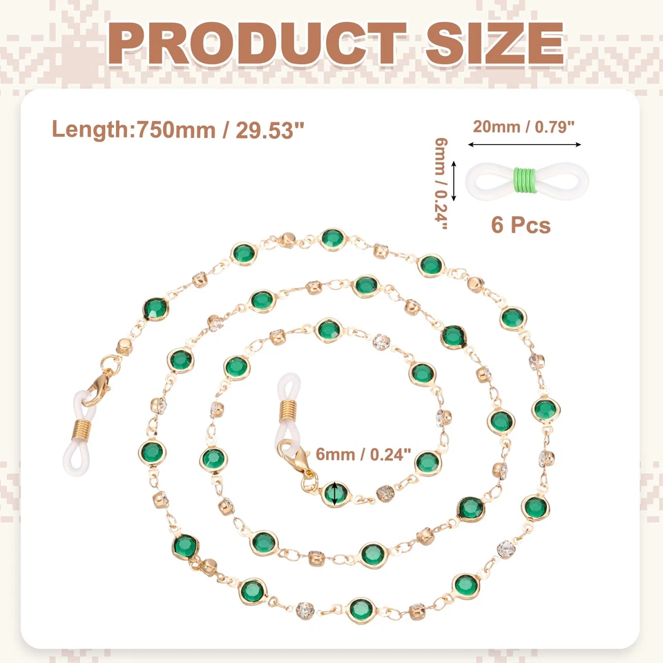 Cadena para gafas, 75 cm pedrería correa para gafas con 6 extremos para mujer, verde Foto 2 de 4