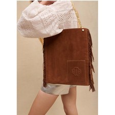 Maje Camel Suede Flat Fringe Bag Gold Chain Strap NWT Western Boho Parisian