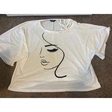 CHICME White Graphic Face Cutout Neck Dolman Sleeve Oversized T Shirt Top
