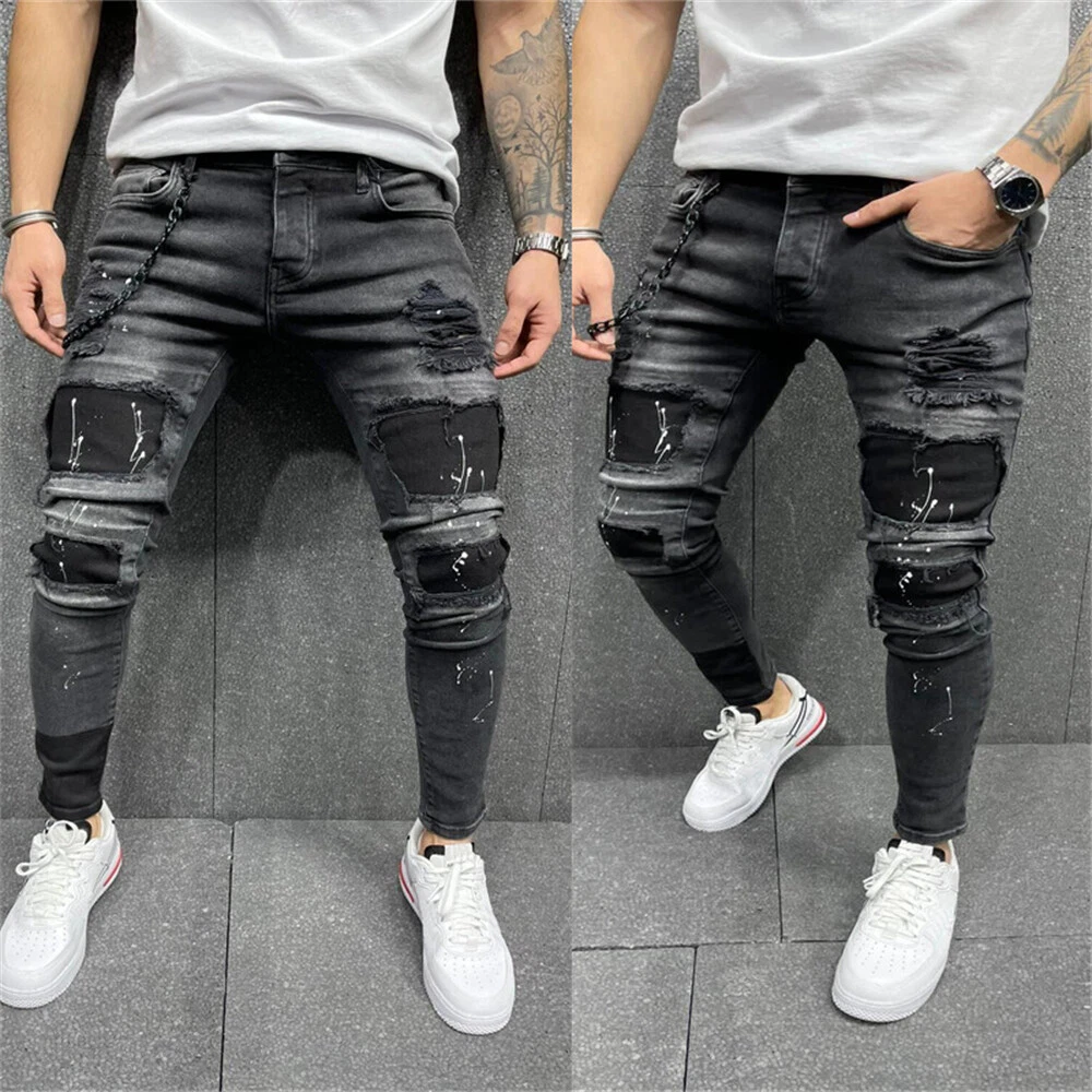 Mens Skinny Ripped Jeans Denim Pants Casual Stretch Slim Fit Hip Hop  Trousers