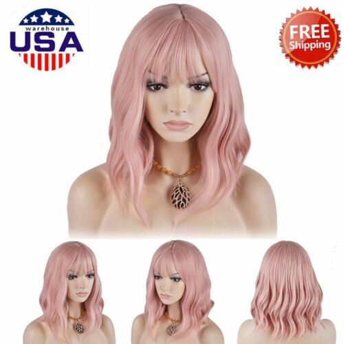 Women&#039;s Bob Wig Short Straight Bangs Full Hair Wig Pink Cosplay Party For Girls