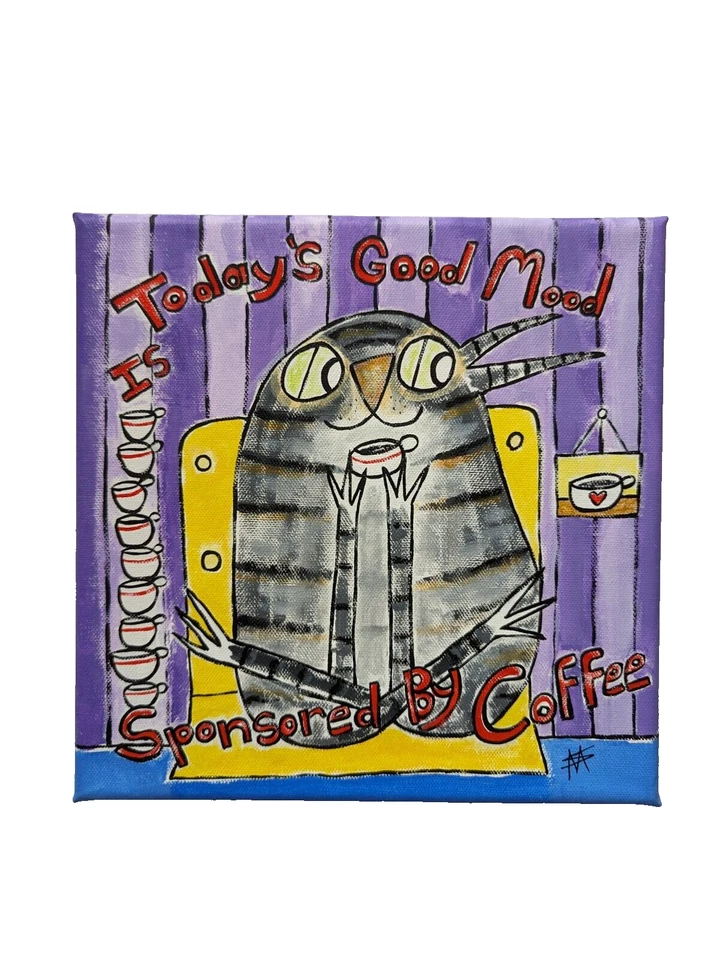 Original Cat Painting Collectible Tabby Coffee House Folk Art Samantha McLean - Image 3 of 3