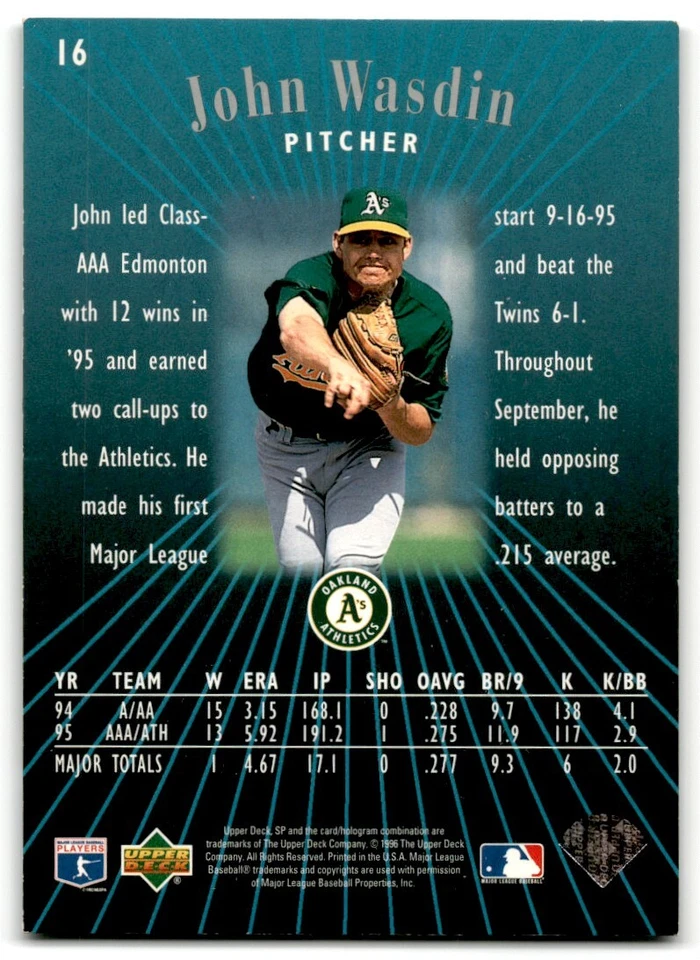 1996 Upper Deck Premier Prospects SP John Wasdin Oakland Athletics #16 - Image 2 of 2