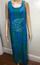 vtg Tropical Tantrum Tie Dye Maxi Dress Sz M Blue Green Silver Asian Coy Fish
