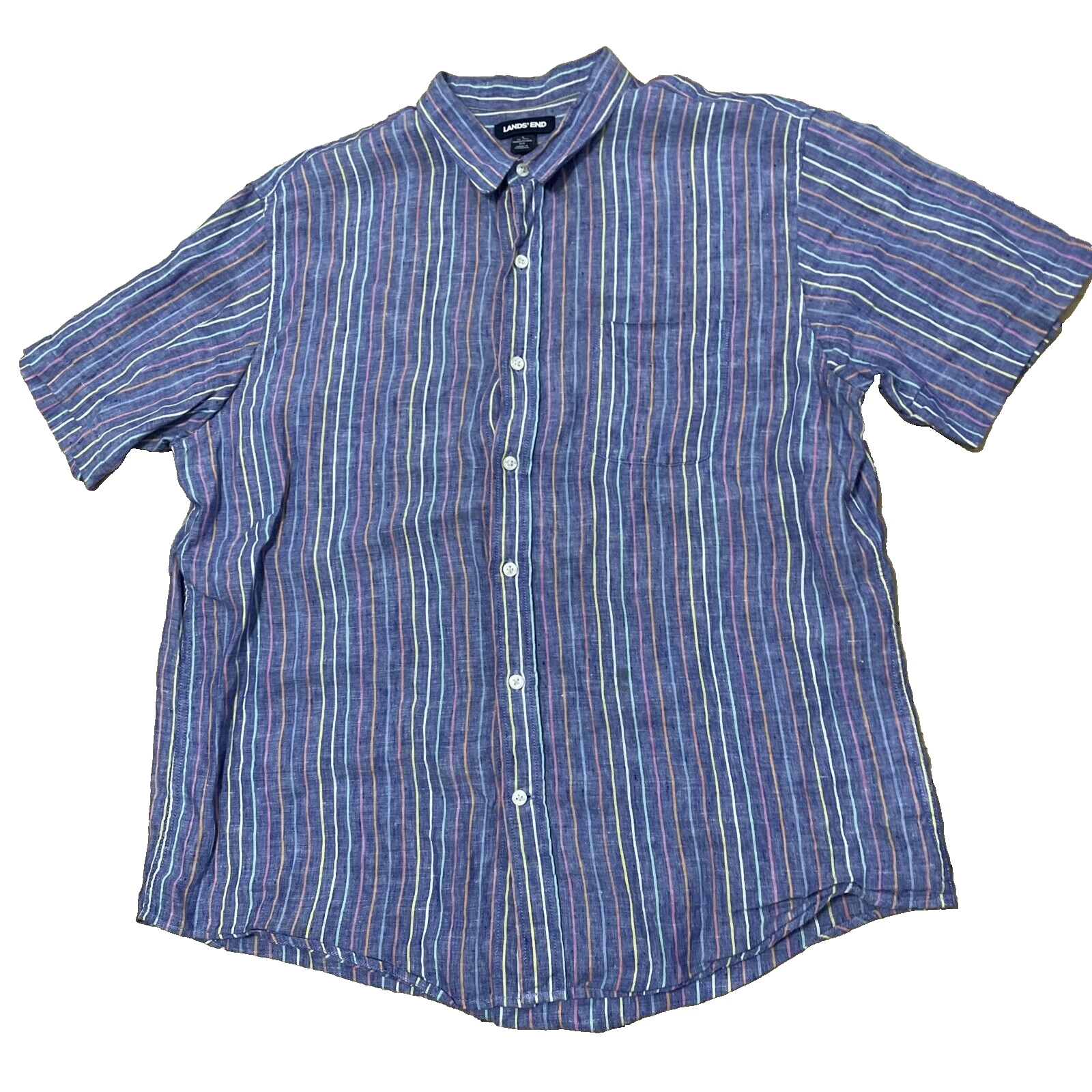 LANDS' END Linen Button Shirt Men L Blue Rainbow Stripe Traditional Preppy 46"