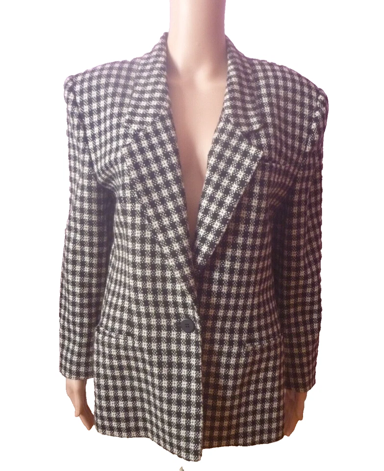 Blazer Jones New York Mujer Lana Pura Negro Blanco 10 Solapas a Cuadros Único De Colección Foto 2 de 4