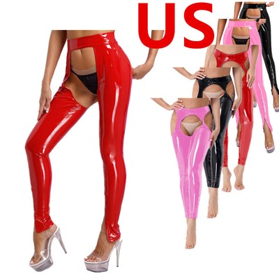 US Women's Tights Pants PVC Leather Look Hollow Out Thigh-High Trousers Clubwear