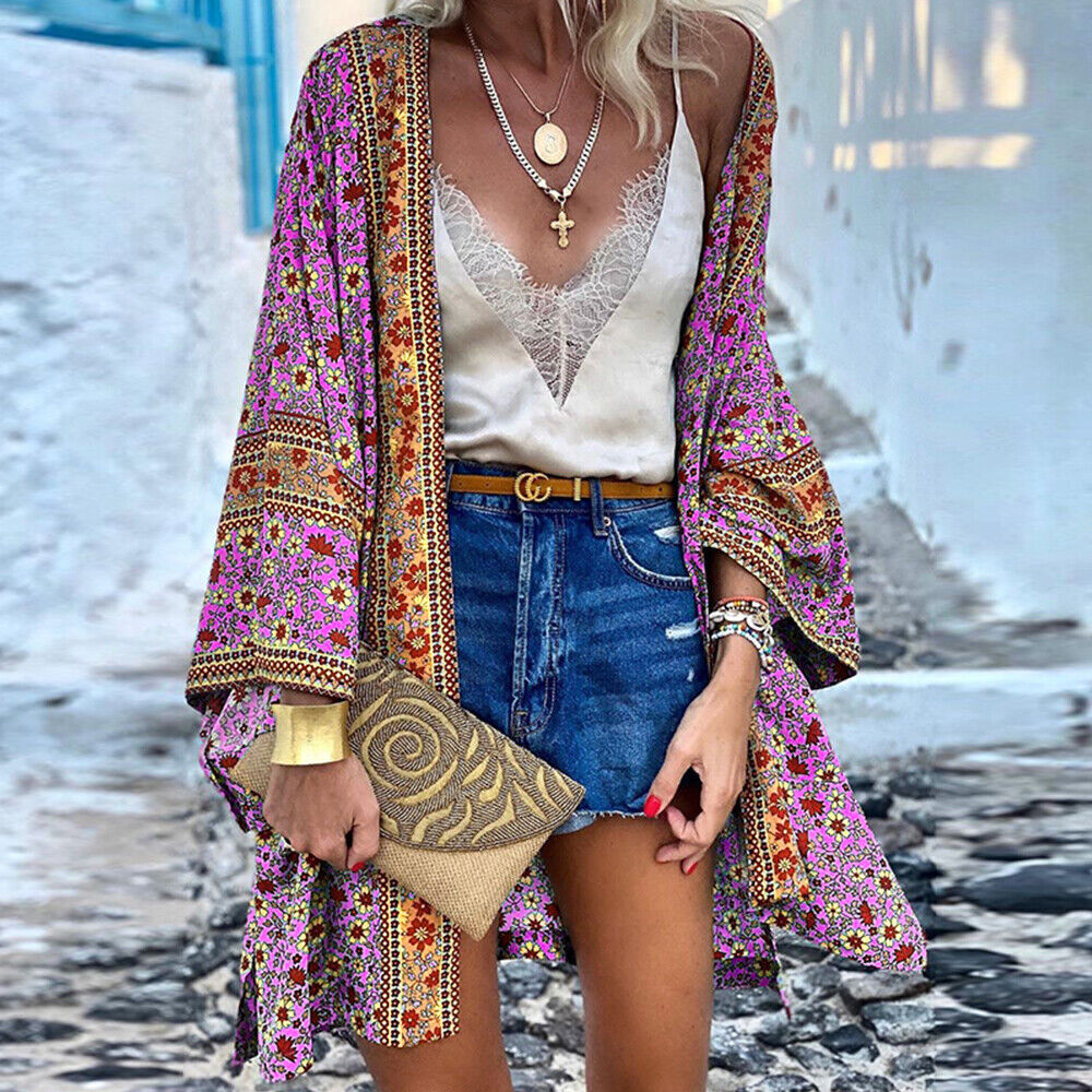 Women Boho Floral Cardigan Open Coat Long Sleeve Kimono Bikini Beach Cover  Up | eBay