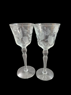 Set of 2 Etched Floral Cordial Glasses 6'' Clear Glass Crimped Stem Elegant