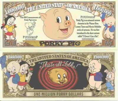 Schweinefleisch animierte Zeichentrickfigur Gedenkmünze Million Dollar Scheine x 2