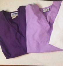 Lot Of 2 Scrub Tops Medium Landau TLC Purple Short Sleeve Tie Back Pockets EUC