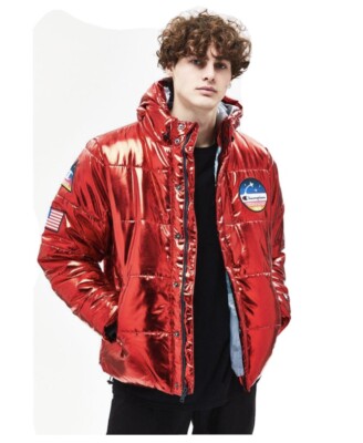 red metallic puffer jacket