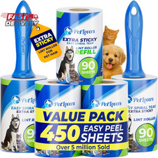 Petlovers Extra Sticky Lint Roller Mega Value Set 450 Sheets for Pet Hair Remova