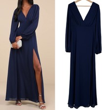 Lulus Marvelous Affair Navy Blue Pleated Lace Up Maxi Dress Size XL Wedding Glam