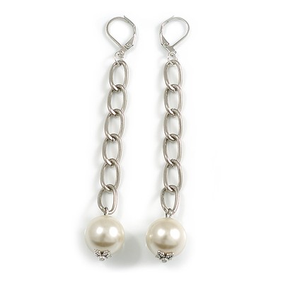 Statement lange Kette mit Kunstperlen Perlen linear Ohrringe in silberfarben - 90 mm