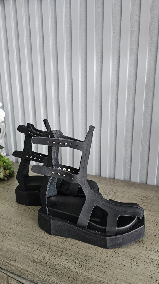 Black Platform Gladiator Sandals ,Cutout Design , Vegan Leather, Size 8.5 - Image 3 of 4