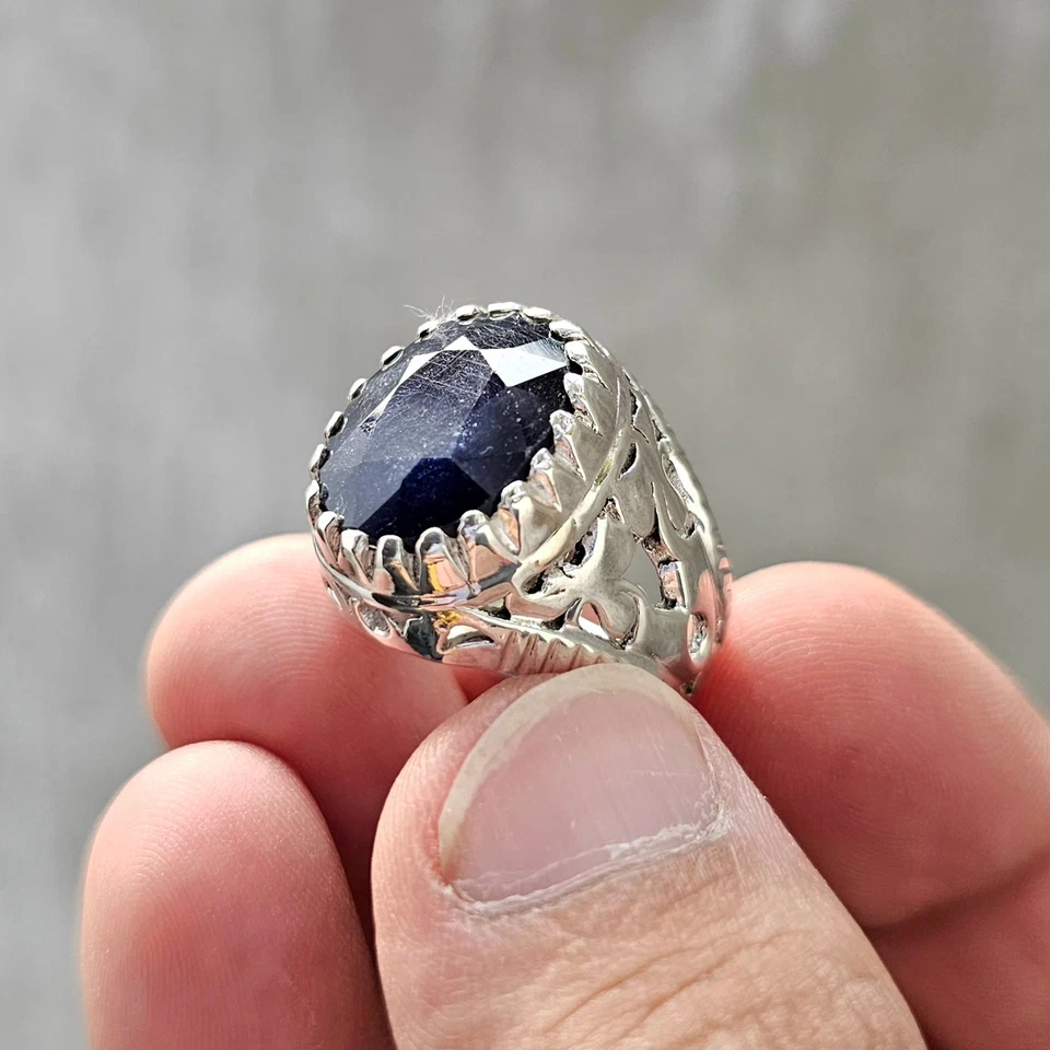 Natural Sapphire Ring For Men, Big Blue Sapphire Stone Ring, 925 Silver Neelam - Image 4 of 4
