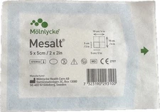 30 Pieces 2” x 2” Mölnlycke Mesalt Cleansing Dressing 20% 6/2027 UGLY BOX