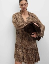 M&S Womens Viscose Smock Mini Animal print Long sleeved Dress in Natural Mix