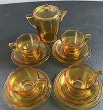 VTG. Akro Agate Play Time Tea Set Amber Depression Glass 13 Pcs. Circa 1940