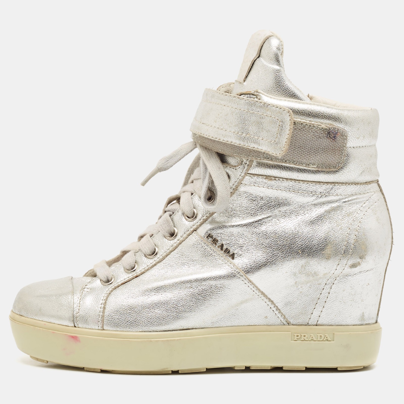 Prada Sport Silver Leather Wedge Sneakers Women Size 36