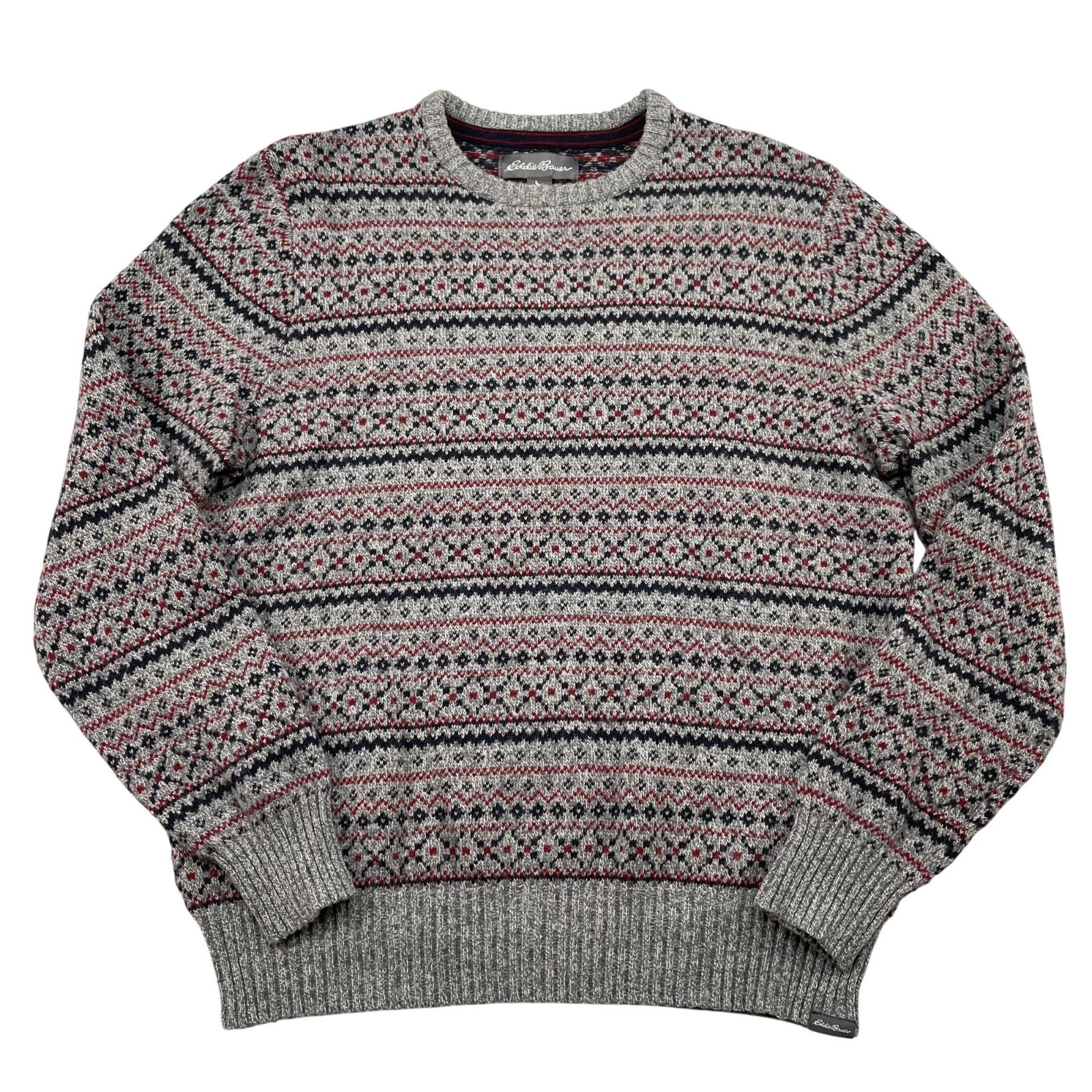 Eddie Bauer Sweater Mens Large Grey Red Wool Blend Fair Isle Pullover