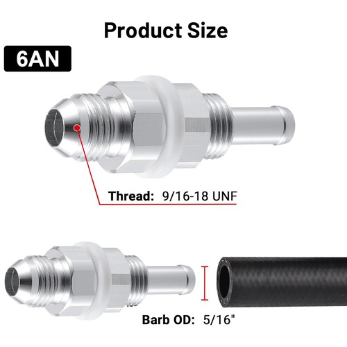 Raccord adaptateur cloison réservoir pompe à carburant barbe tuyau 6/8AN à 5/16" et 3/8" - Photo 6 sur 8