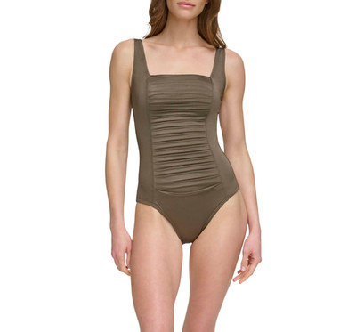 NWT Calvin Klein Pleated One Piece Swimsuit Womens 6,8 Bronze Square Neck Swim