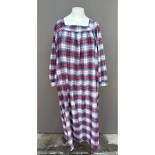 Vermont Country Store Flannel Nightgown Large Red Blue Plaid Cotton Maxi Dress