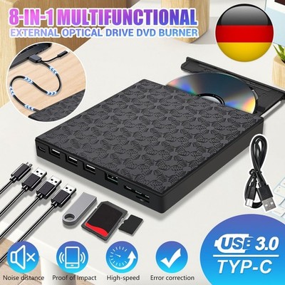 8 in 1 USB 3.0 Externes Laufwerk DVD CD UHD Brenner Player Type-C für Laptop PC