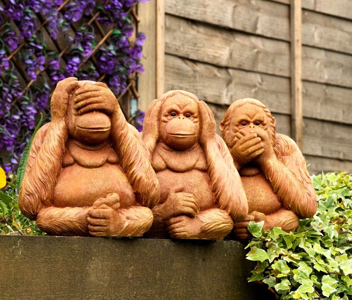 Monkey Garden Ornament Set 3pc See Hear Speak No Evil Outdoor