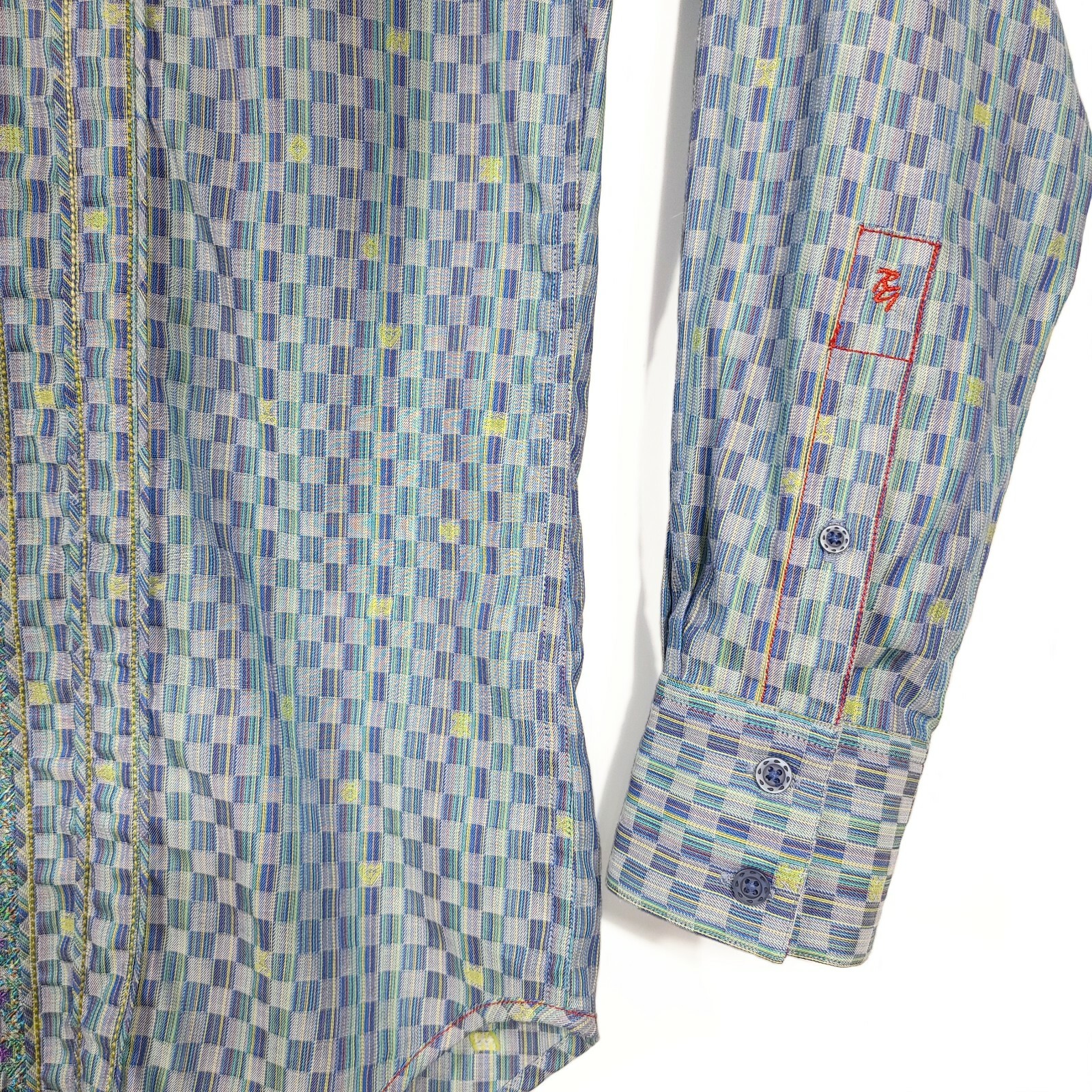 Robert Graham Mens M Blue Green Check Multicolor Silk Embroidered Sport