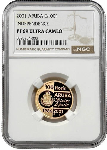 2001 Aruba 100 Florin Gold Independence Coin 0.1945 oz NGC PF 69 UC 1000 Minted