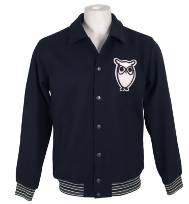 NEW $400 Knowledge Cotton Wool Varsity Jacket!  L  XL  Navy  Huge Owl   SLIM FIT