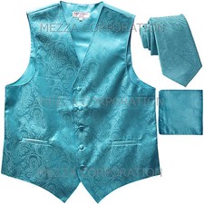 New Men's Polyester Paisley Tuxedo Vest 2.5" Skinny Necktie set Turquoise blue