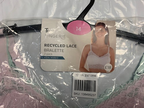 Tu Lingerie Recycled Lace Bralette 2 Pack Non-wired Size 14 Light Pink & Mint Gr - Picture 4 of 4