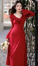 Fashion Womens Falbala Collar Slim fit Evening Floral Sexy Lady Long Dress Party