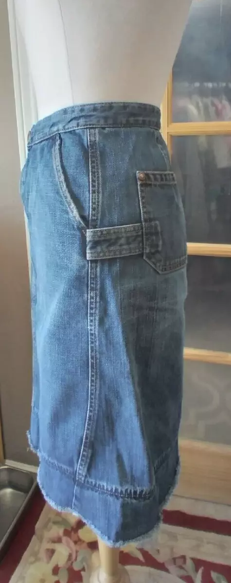 Denim Carpenter Style Skirt Raw Hem Womens Knee Length Banana