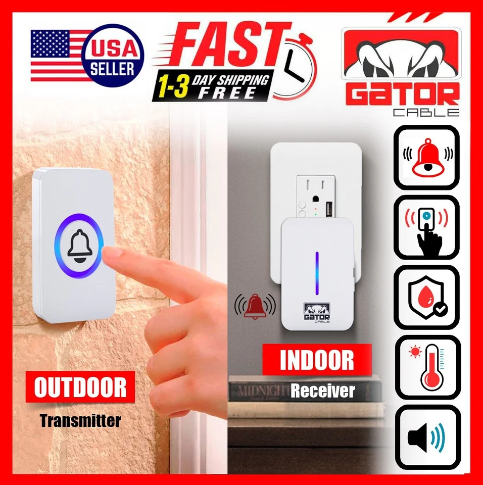 Timbre Inalámbrico Enchufable Luces LED Impermeable Largo Alcance Receptor Control Remoto RUIDO Foto 2 de 4