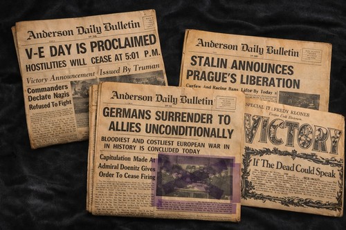 WWII Newspaper Lot VE Day May 7 8 9 1945 Germany Surrenders Victory Europe...